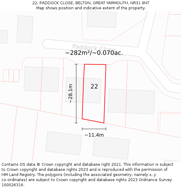 22, PADDOCK CLOSE, BELTON, GREAT YARMOUTH, NR31 9NT: Plot and title map