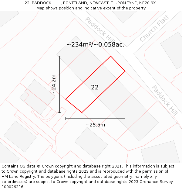 22, PADDOCK HILL, PONTELAND, NEWCASTLE UPON TYNE, NE20 9XL: Plot and title map