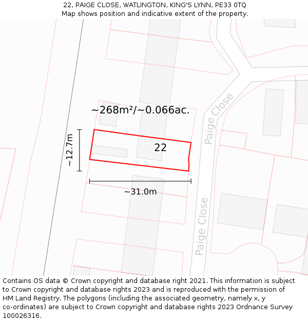 22, PAIGE CLOSE, WATLINGTON, KING'S LYNN, PE33 0TQ: Plot and title map