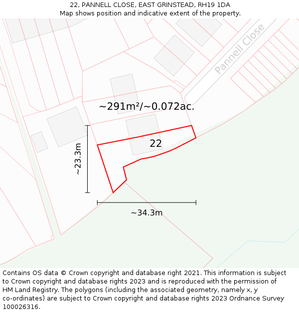 22, PANNELL CLOSE, EAST GRINSTEAD, RH19 1DA: Plot and title map