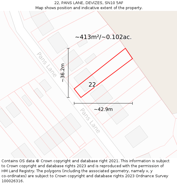 22, PANS LANE, DEVIZES, SN10 5AF: Plot and title map