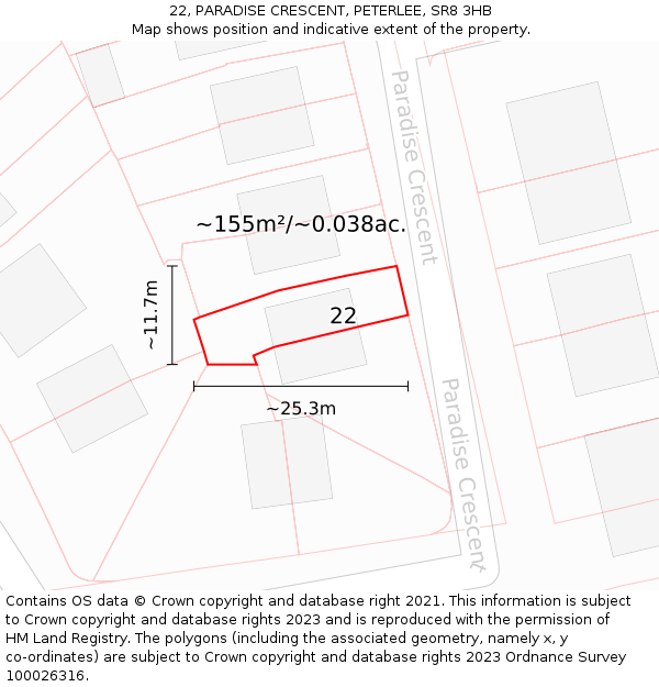 22, PARADISE CRESCENT, PETERLEE, SR8 3HB: Plot and title map