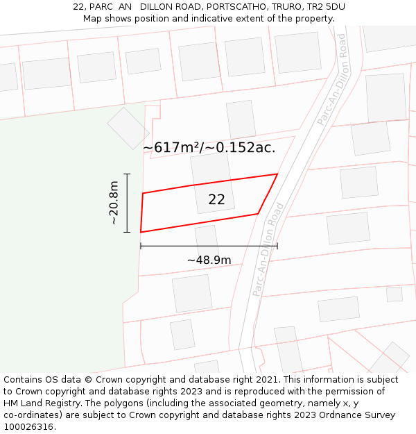 22, PARC  AN   DILLON ROAD, PORTSCATHO, TRURO, TR2 5DU: Plot and title map