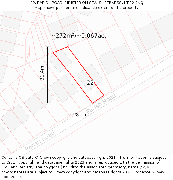 22, PARISH ROAD, MINSTER ON SEA, SHEERNESS, ME12 3NQ: Plot and title map