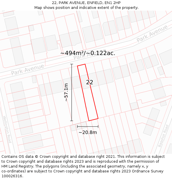 22, PARK AVENUE, ENFIELD, EN1 2HP: Plot and title map