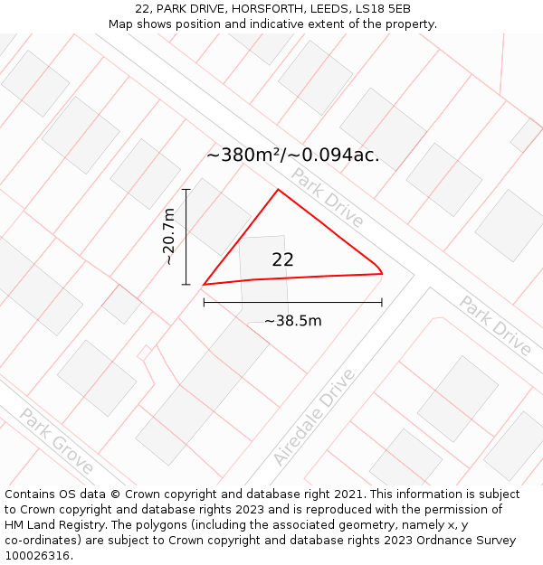 22, PARK DRIVE, HORSFORTH, LEEDS, LS18 5EB: Plot and title map