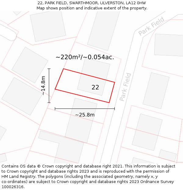 22, PARK FIELD, SWARTHMOOR, ULVERSTON, LA12 0HW: Plot and title map