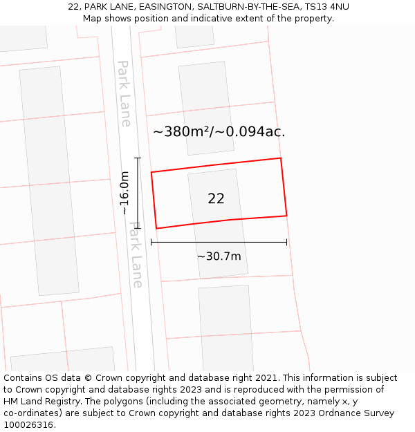 22, PARK LANE, EASINGTON, SALTBURN-BY-THE-SEA, TS13 4NU: Plot and title map