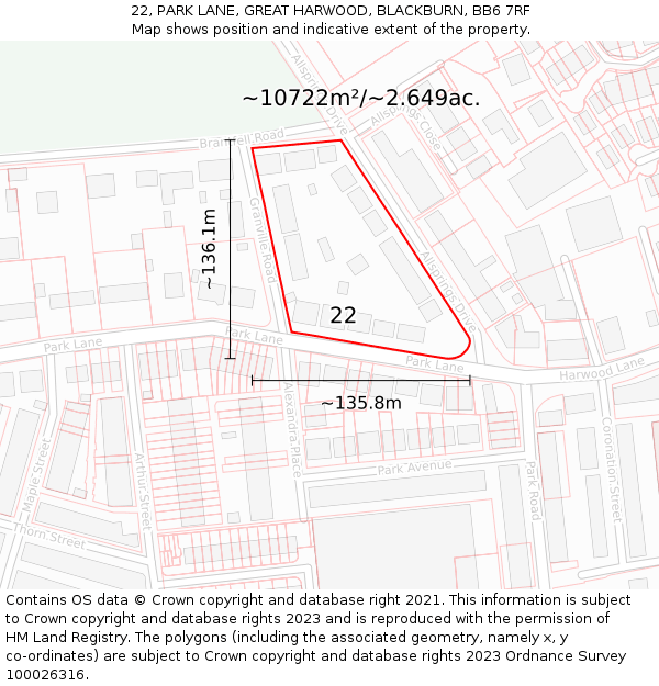 22, PARK LANE, GREAT HARWOOD, BLACKBURN, BB6 7RF: Plot and title map