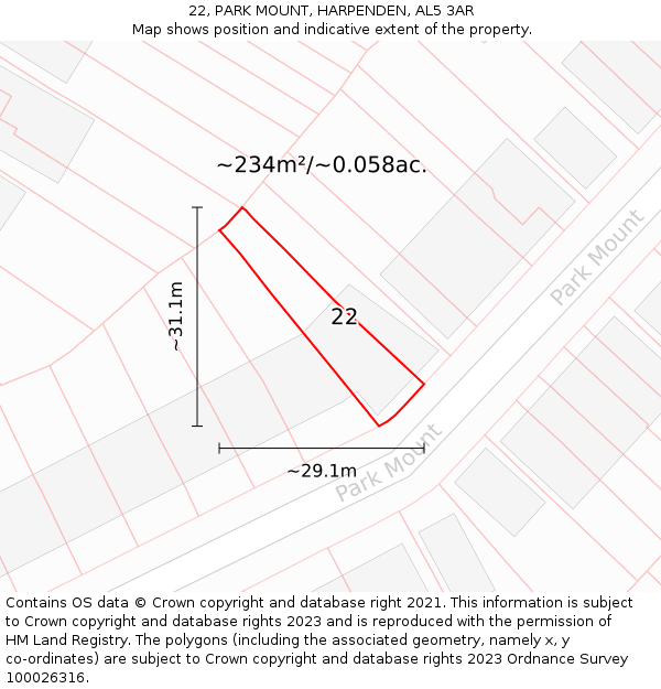 22, PARK MOUNT, HARPENDEN, AL5 3AR: Plot and title map