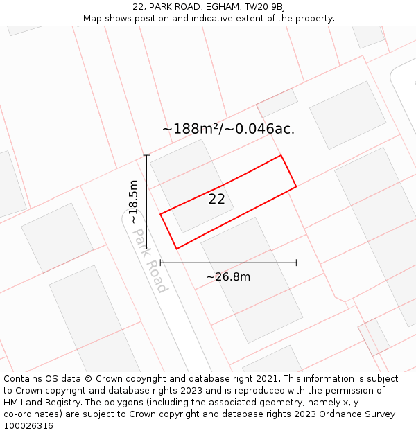 22, PARK ROAD, EGHAM, TW20 9BJ: Plot and title map