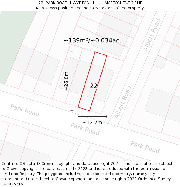 22, PARK ROAD, HAMPTON HILL, HAMPTON, TW12 1HF: Plot and title map