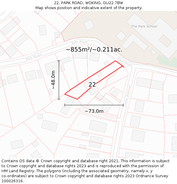 22, PARK ROAD, WOKING, GU22 7BW: Plot and title map