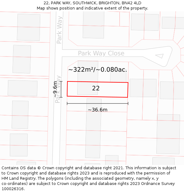22, PARK WAY, SOUTHWICK, BRIGHTON, BN42 4LD: Plot and title map