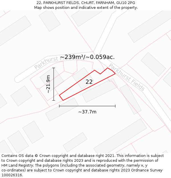 22, PARKHURST FIELDS, CHURT, FARNHAM, GU10 2PG: Plot and title map