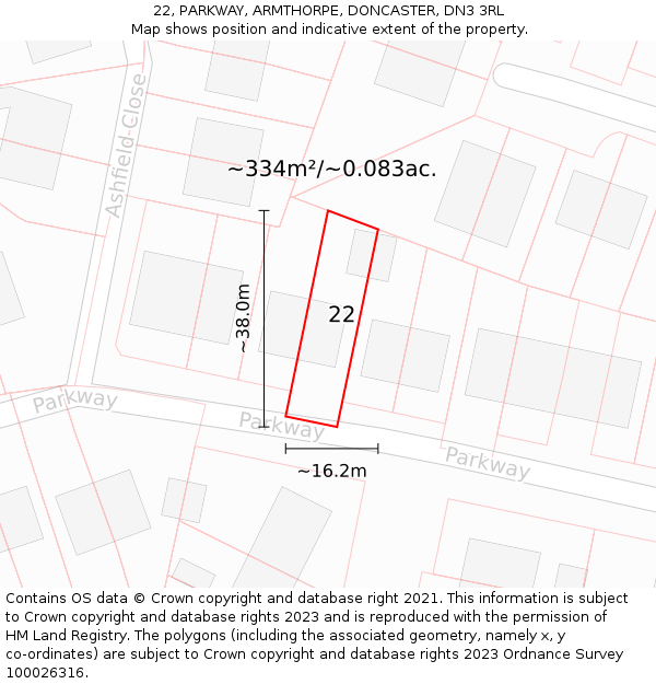 22, PARKWAY, ARMTHORPE, DONCASTER, DN3 3RL: Plot and title map