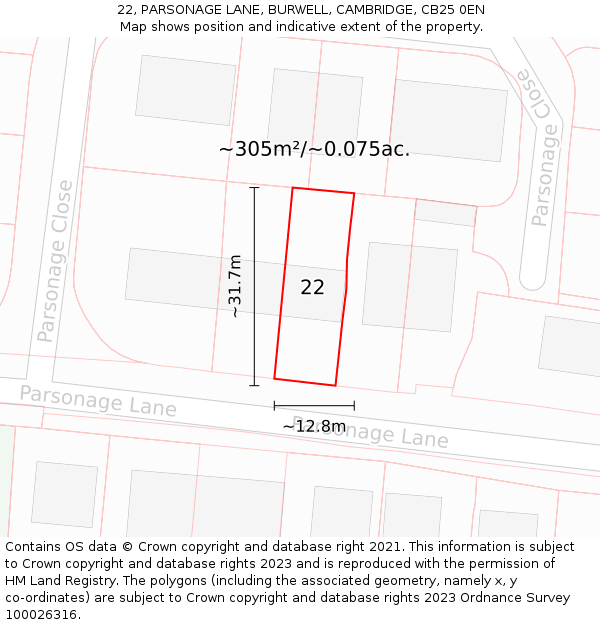 22, PARSONAGE LANE, BURWELL, CAMBRIDGE, CB25 0EN: Plot and title map