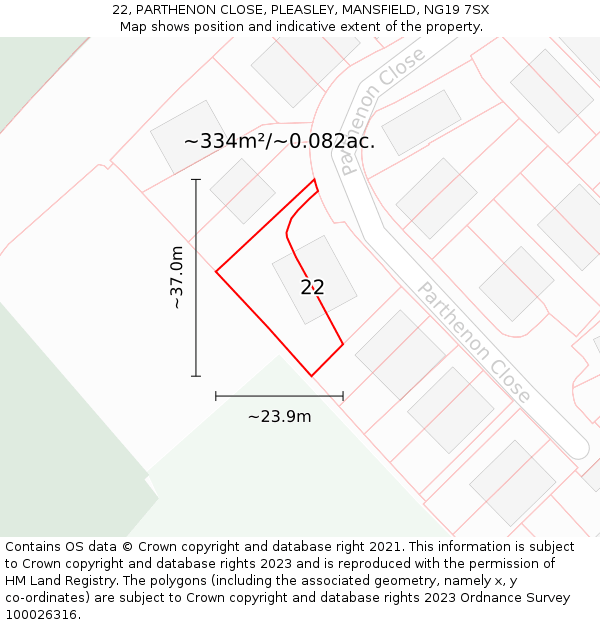 22, PARTHENON CLOSE, PLEASLEY, MANSFIELD, NG19 7SX: Plot and title map