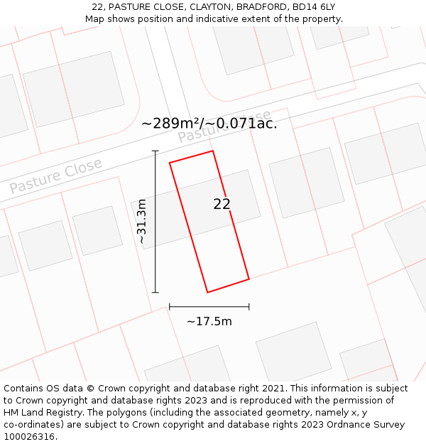 22, PASTURE CLOSE, CLAYTON, BRADFORD, BD14 6LY: Plot and title map
