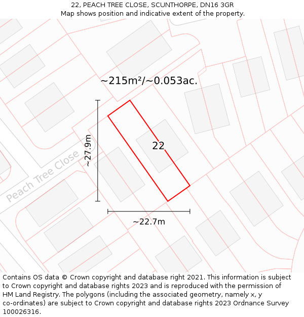 22, PEACH TREE CLOSE, SCUNTHORPE, DN16 3GR: Plot and title map
