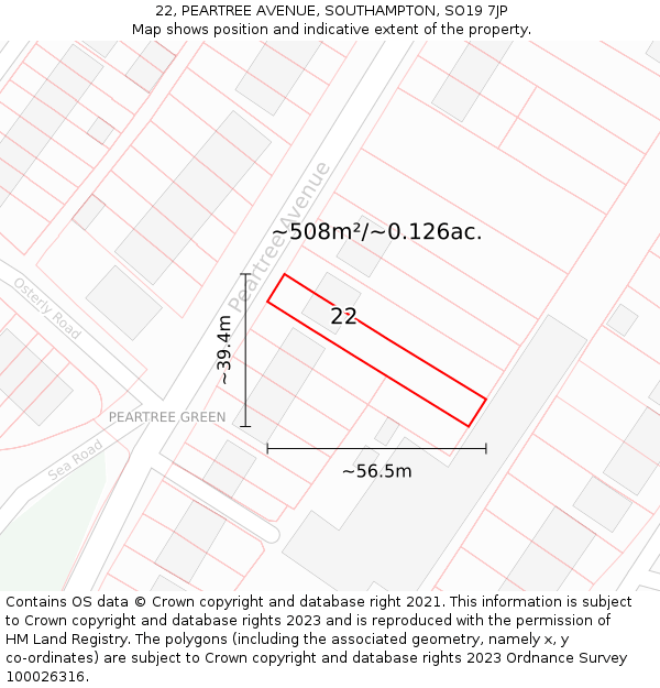 22, PEARTREE AVENUE, SOUTHAMPTON, SO19 7JP: Plot and title map