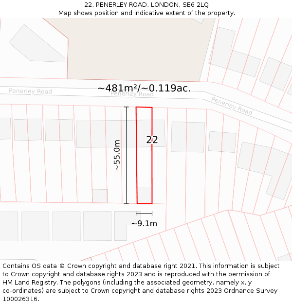 22, PENERLEY ROAD, LONDON, SE6 2LQ: Plot and title map