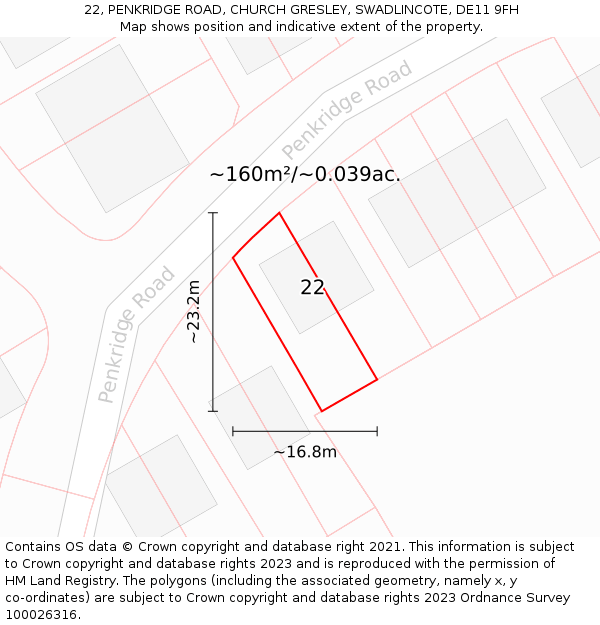 22, PENKRIDGE ROAD, CHURCH GRESLEY, SWADLINCOTE, DE11 9FH: Plot and title map