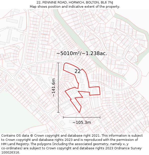22, PENNINE ROAD, HORWICH, BOLTON, BL6 7NJ: Plot and title map