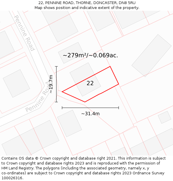 22, PENNINE ROAD, THORNE, DONCASTER, DN8 5RU: Plot and title map