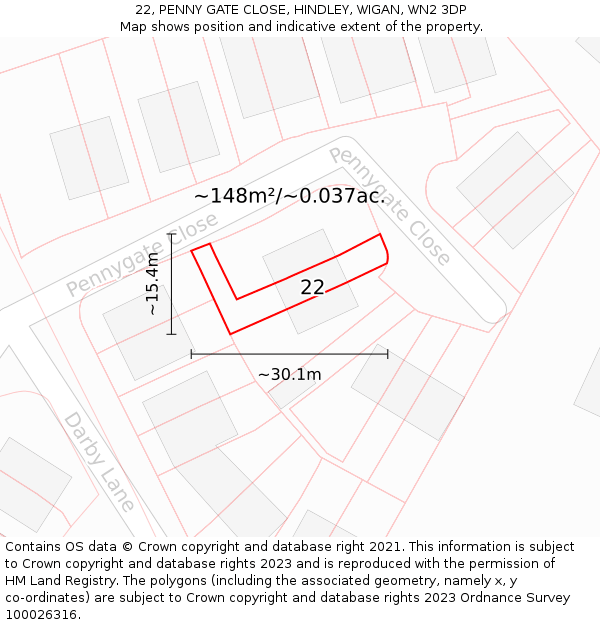 22, PENNY GATE CLOSE, HINDLEY, WIGAN, WN2 3DP: Plot and title map