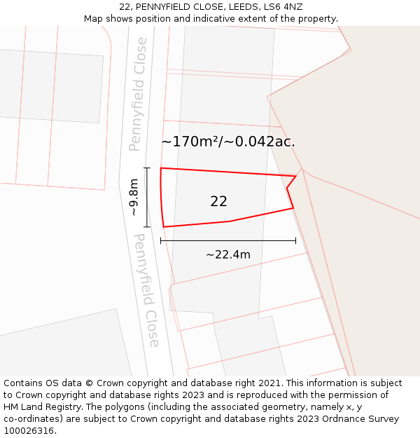 22, PENNYFIELD CLOSE, LEEDS, LS6 4NZ: Plot and title map