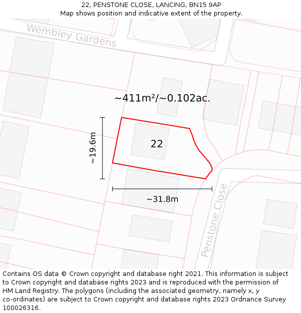 22, PENSTONE CLOSE, LANCING, BN15 9AP: Plot and title map