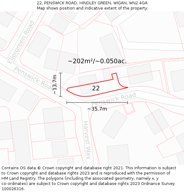 22, PENSWICK ROAD, HINDLEY GREEN, WIGAN, WN2 4GA: Plot and title map