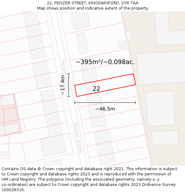 22, PENZER STREET, KINGSWINFORD, DY6 7AA: Plot and title map