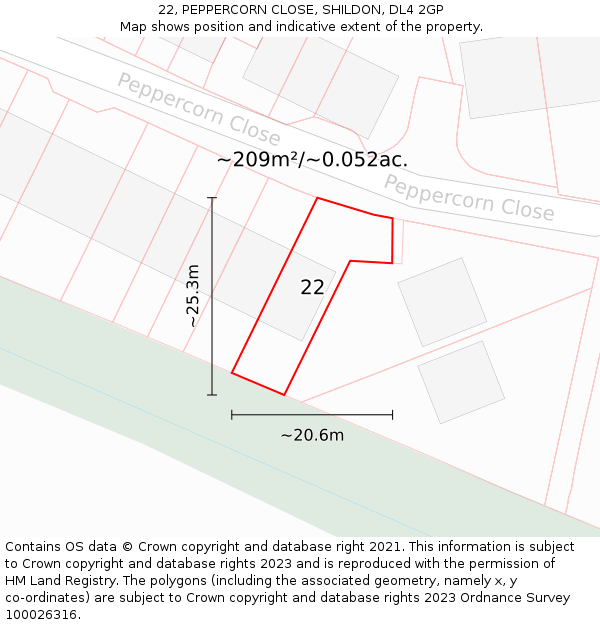 22, PEPPERCORN CLOSE, SHILDON, DL4 2GP: Plot and title map