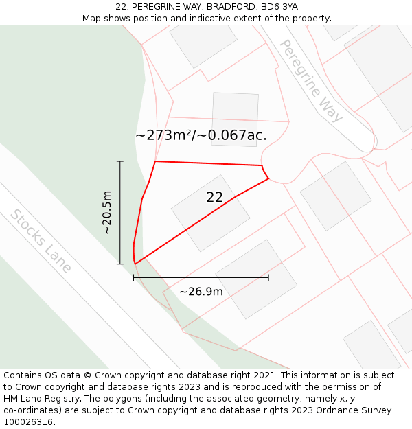 22, PEREGRINE WAY, BRADFORD, BD6 3YA: Plot and title map