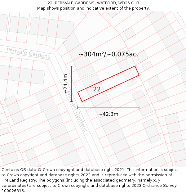 22, PERIVALE GARDENS, WATFORD, WD25 0HR: Plot and title map