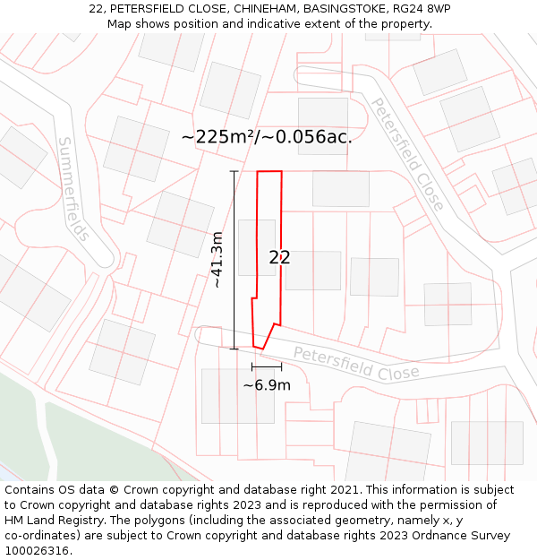 22, PETERSFIELD CLOSE, CHINEHAM, BASINGSTOKE, RG24 8WP: Plot and title map