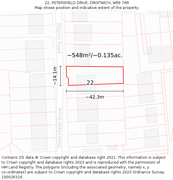 22, PETERSFIELD DRIVE, DROITWICH, WR9 7AR: Plot and title map