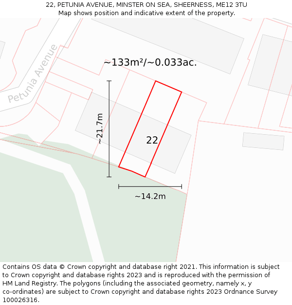 22, PETUNIA AVENUE, MINSTER ON SEA, SHEERNESS, ME12 3TU: Plot and title map
