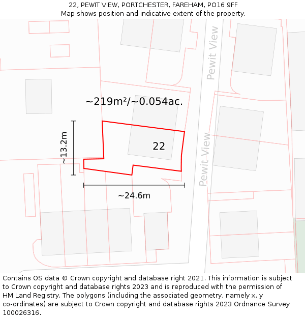 22, PEWIT VIEW, PORTCHESTER, FAREHAM, PO16 9FF: Plot and title map