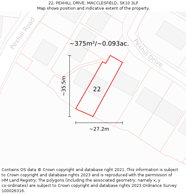 22, PEXHILL DRIVE, MACCLESFIELD, SK10 3LP: Plot and title map