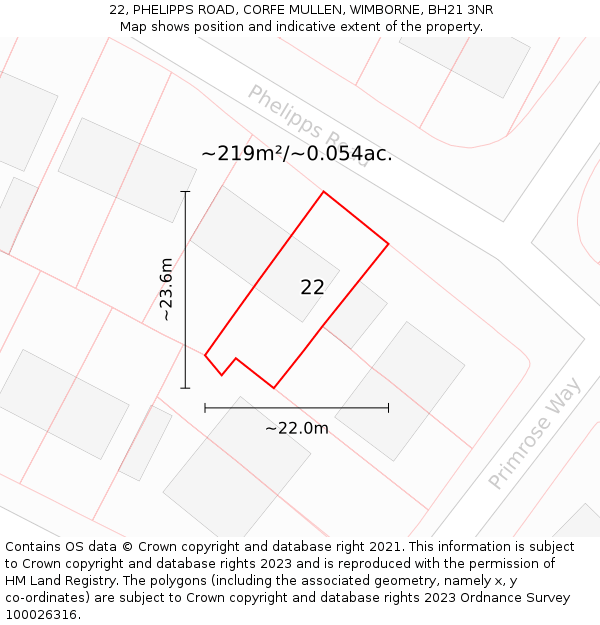 22, PHELIPPS ROAD, CORFE MULLEN, WIMBORNE, BH21 3NR: Plot and title map