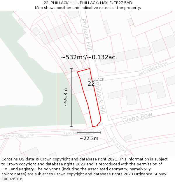 22, PHILLACK HILL, PHILLACK, HAYLE, TR27 5AD: Plot and title map