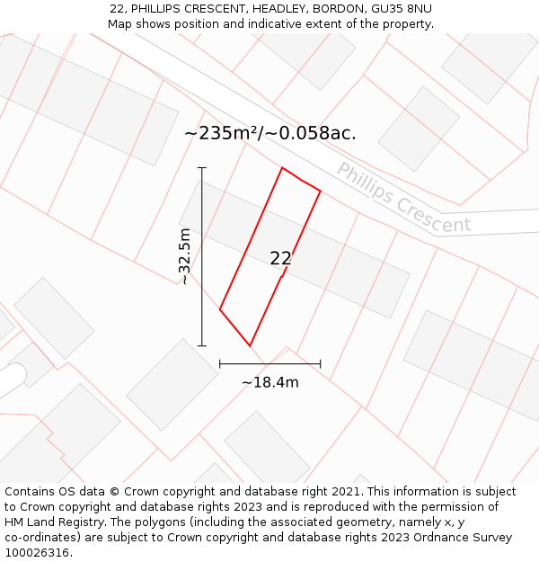 22, PHILLIPS CRESCENT, HEADLEY, BORDON, GU35 8NU: Plot and title map