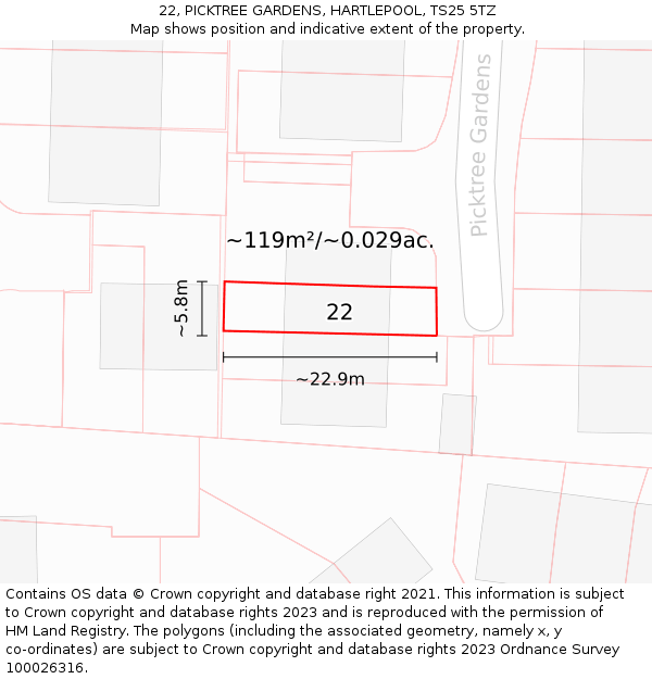 22, PICKTREE GARDENS, HARTLEPOOL, TS25 5TZ: Plot and title map