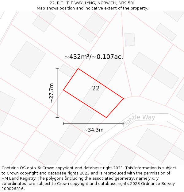 22, PIGHTLE WAY, LYNG, NORWICH, NR9 5RL: Plot and title map