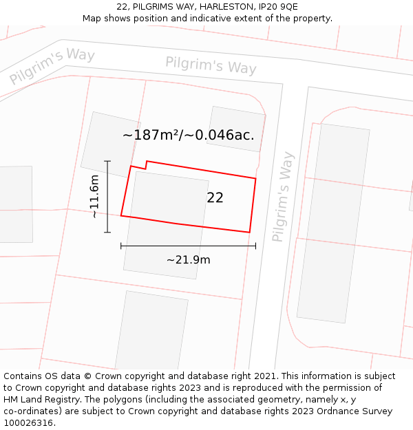 22, PILGRIMS WAY, HARLESTON, IP20 9QE: Plot and title map