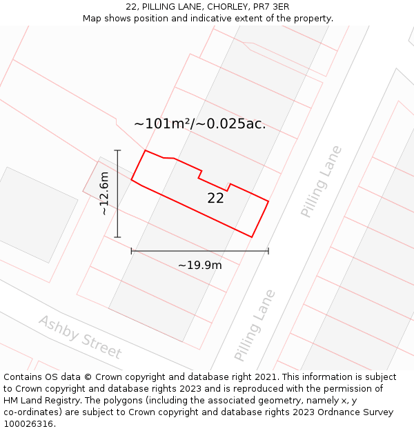 22, PILLING LANE, CHORLEY, PR7 3ER: Plot and title map