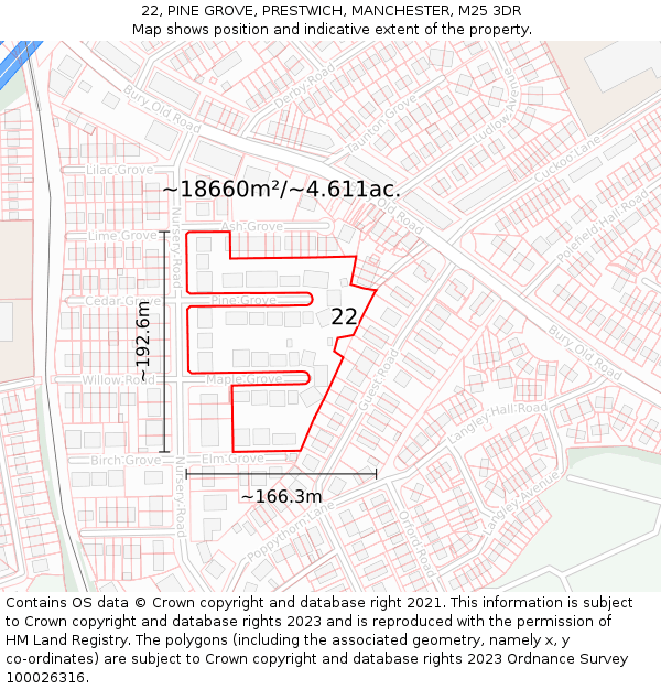22, PINE GROVE, PRESTWICH, MANCHESTER, M25 3DR: Plot and title map